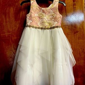 Princess Couture toddler dress; rose, some goldish and mauve colora